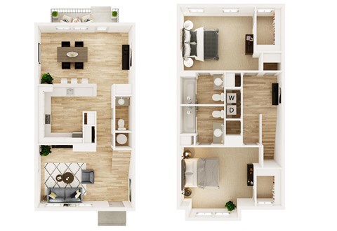 Floor plan for 2 beds, 2.5 baths, 1496 sqft